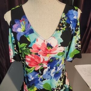 Connected Apparel Multicolor Floral Dress Cold Shoulder 14